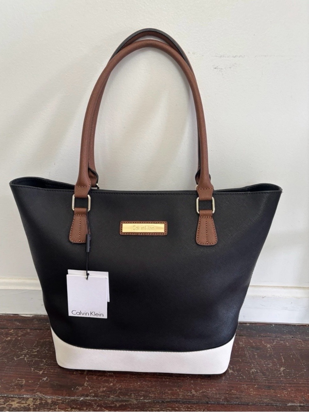 Calvin Klein Color block Leather Tote Bag Black & White w/ Brown Shoulder Handle